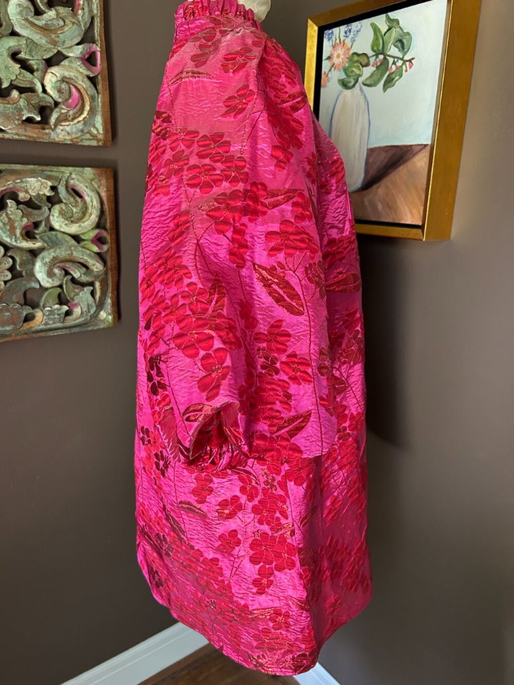 JODIFL Hot Pink & Red Brocade Puff-Sleeve Floral Dress - NWT XL - Picture 9 of 10